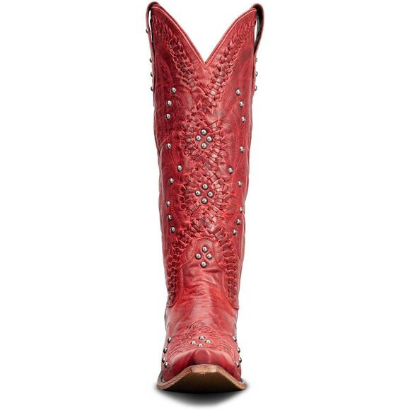 Women's Red Vintage Embroidered Western Pointed Toe Chunky Heel Zipper Boot - Picture 6 of 7